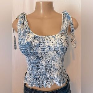 Blue and White Slim Fit Shirred Women's Tank Top with Ruffle Bottom